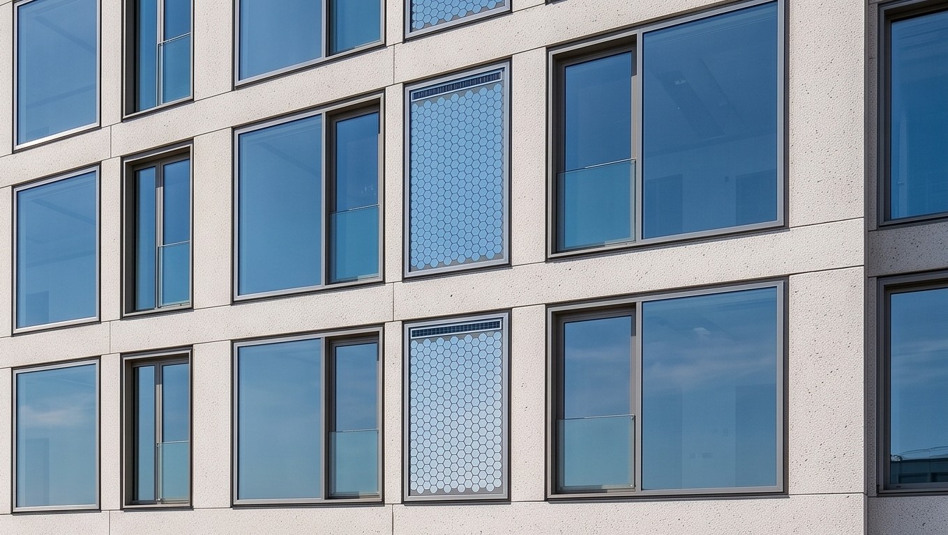 Façade équipée de modules Pixsol entre les fenêtres.
